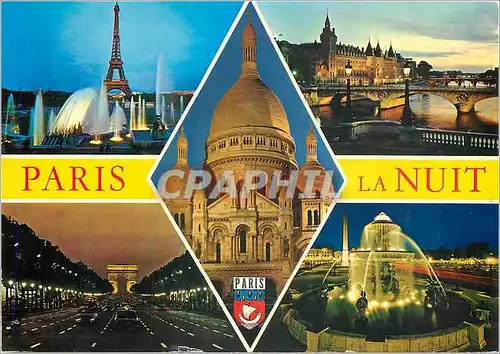 Moderne Karte Souvenir de Paris la nuit Le sacre Coeur de Montmartre la Tour Eiffel et les Jets d'eau du Troca