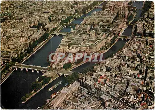 Moderne Karte Paris La Seine et l'Ile de la Cite (au milieu la Sainte chapelle a l'arriere plan N D)