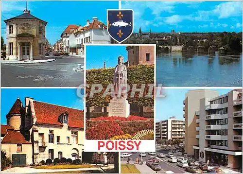 Moderne Karte Poissy L'Octroi Vue generale et le Vieux Port La Statue de St Louis L'Abbaye