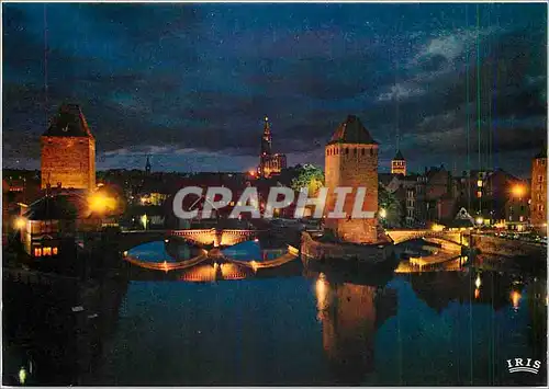 Moderne Karte Strasbourg la nuit Les Ponts Couverts et la Cathedrale