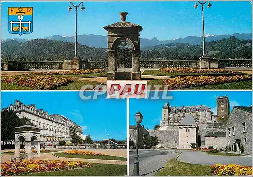 Cartes postales moderne Pau Ville Fleurie La chaine des Pyrenees La fontaine et le funiculaire du boulevard les Pyrenees