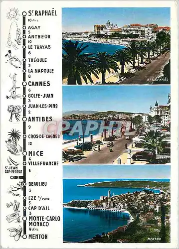 Cartes postales moderne De St Raphael a Menton via Cannes par le bord de mer