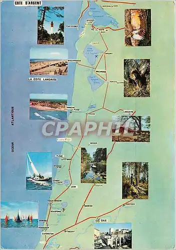 Moderne Karte La Cote d'Argent La cote Landaise Cap Ferret Dax