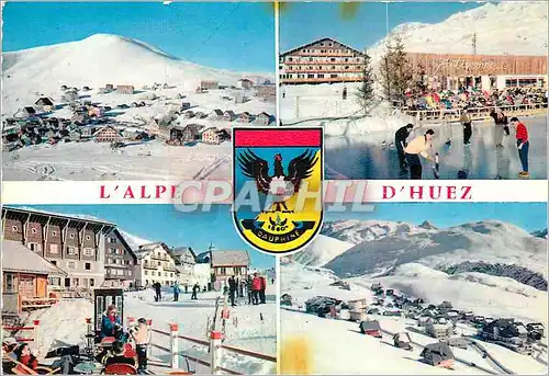 Moderne Karte L'Alpe d'Huez Vue d'ensemble de la Station et le Signal Curling sur la patinoire La Menandiere e