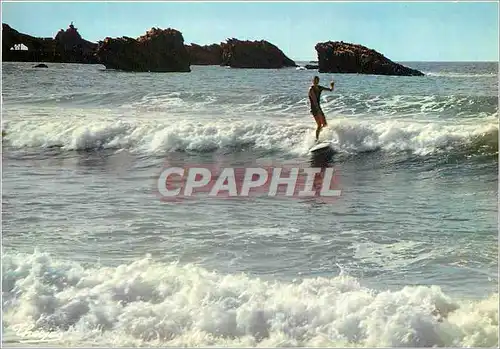 Cartes postales moderne Biarritz Surf a la grande plage au fond le rocher de la Vierge