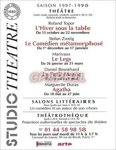 Cartes postales moderne Saison 1997 1998 Theatre Roland Topor l'hiver sous table du 13 oct au 22 novembre Paris Comedie