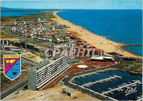 Moderne Karte La Cote Vermeille Saint Cyprien (Pyr Or) Vue aerienne le nouveau port Saint Cyprien et sa plage