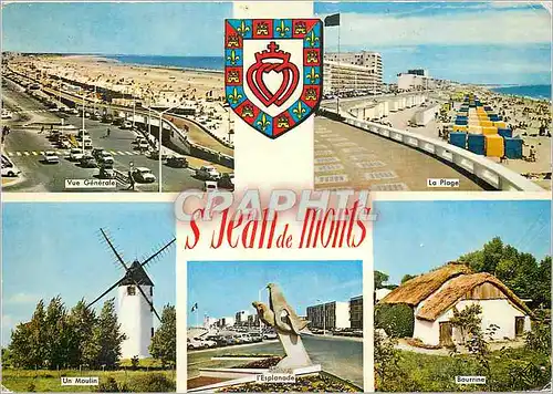 Moderne Karte St Jean de Monts Vue generale La plage Un moulin Bourrine L'esplanade