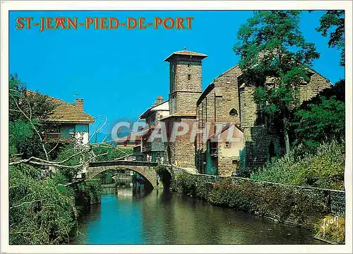 Moderne Karte Saint Jean Pied de Port Pyrenees Atlantiques L'eglise au bord de la Nive