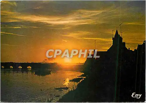 Moderne Karte Portbail Manche Coucher de soleil sur le port et l'Eglise