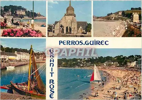 Cartes postales moderne Perros Guirec La plage de Trestraou le port Trestrignel et l'eglise paroissiale