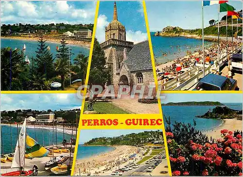 Cartes postales moderne Perros Guirec Les plages de Trestraou et de Trestrigne et l'eglise Saint Jacques