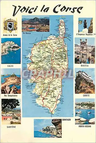 Moderne Karte Voici La Corse Armes de la Corse Calvi Bastia Iles Sanguinaires Corte