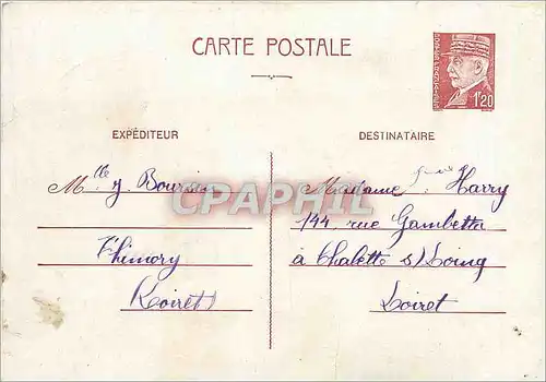 Entier Postal Petain 1f20 Harry Chalette sur Loing