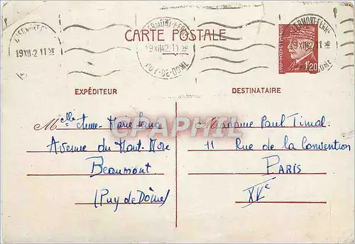 Entier Postal Petain 1f20 Clermont Ferrand 1942 pour Timal Rue de la Convention Paris