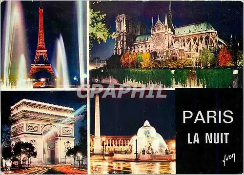 Cartes postales moderne Paris la nuit La Tour Eiffel Notre Dame L'Arc de Triomphe La Place de la Concorde