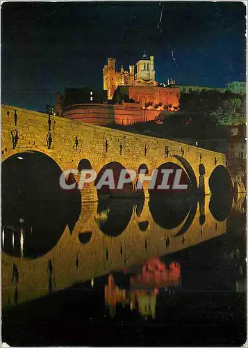 Moderne Karte Beziers Herault Vue de nuit sur la Cathedrale St Nazaire et le vieux pont sur l'Orb