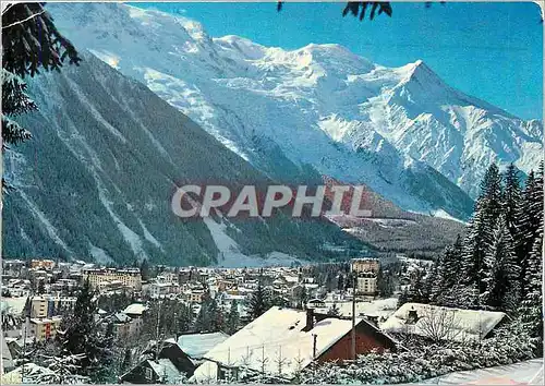 Moderne Karte Chamonix Mont Blanc Vue generale et le Mont Blanc en hiver