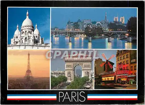 Cartes postales moderne Paris Le Sacre Coeur La Tour Eiffel La Seine L'Arc de Triomphe Le Moulin Rouge