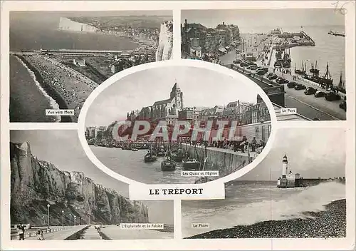 Moderne Karte Le Treport Vue vers Mers Le port Bateaux L'esplanade et la falaise Le phare