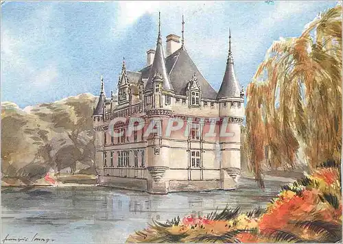 Moderne Karte Aquarelle Chateaux de la Loire Azay le Rideau I et L L'une des plus belles reussites de la premi