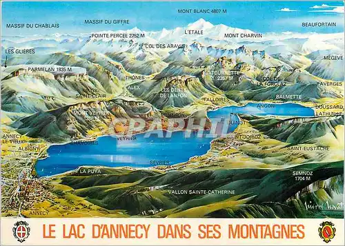 Moderne Karte Lac d'Annecy Haute Savoie Panorama du lac dans ses montagnes