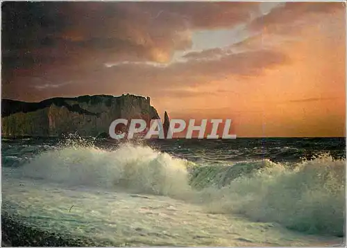 Moderne Karte Etretat Seine Maritime L'Aiguille et la Porte d'Aval au soleil couchant un jour de tempete