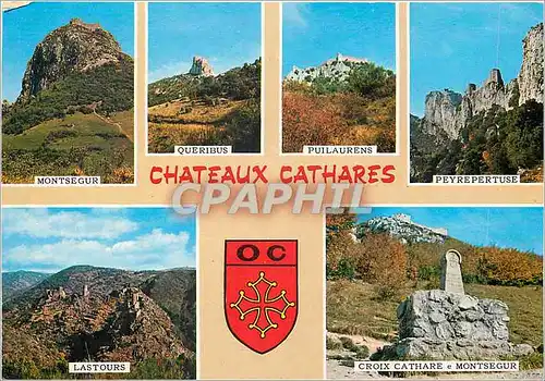 Cartes postales moderne Chateaux Cathares Montsegur Queribus Puilaurens Peyrepertuse Mastours Croix cathare