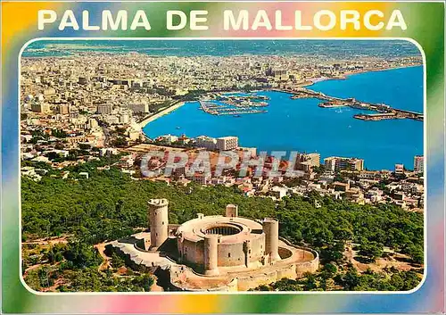 Moderne Karte Mallorca (Baleares) Espana Palma vista aerea de la Ciudad en primer termino el castillo de Bellv