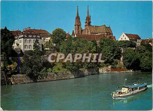 Moderne Karte Basel Rheinpartie mit Munster Vue sur le Rhin et la Cathedrale