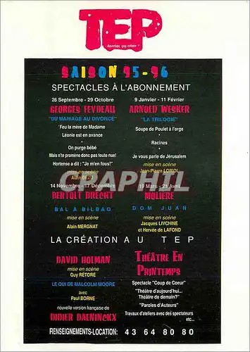 Cartes postales moderne Spectacles a l'Abonnement Saison 95 96 TEP Theatre de l'Est Parisien Avenue Gambetta Paris