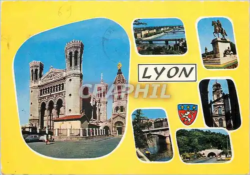 Moderne Karte Lyon (Rhone) Fourviere les Ponts du RHone Statue de Louis XIV place Bellecour