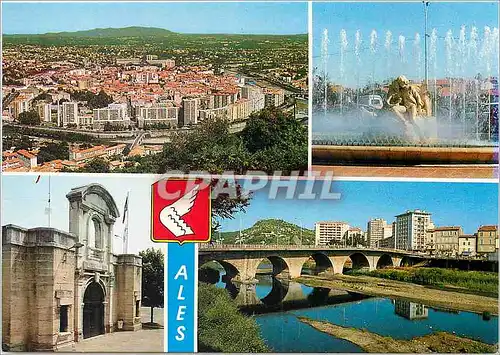 Cartes postales moderne Ales (Gard) Vue generale de la ville la Fontaine de la Place Gabriel Peri L'entree des arenes le