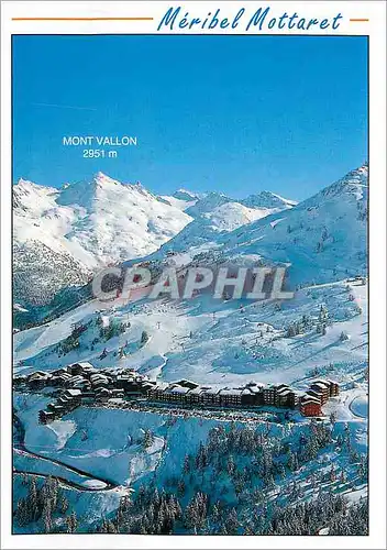 Moderne Karte Meribel Mottaret Savoie Vue panoramique sur la Station et les Pistes en fond le Mont Vallon