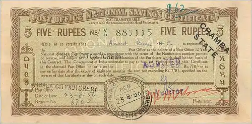 Inde India  National Savings Certificate Chamba State