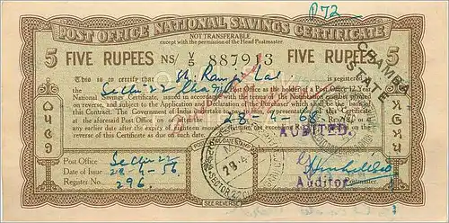 Inde India  National Savings Certificate Chamba State