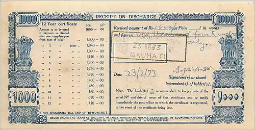 Inde India  National Savings Certificate Chamba State