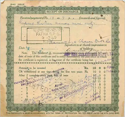 Inde India Post Office Cash Certificate