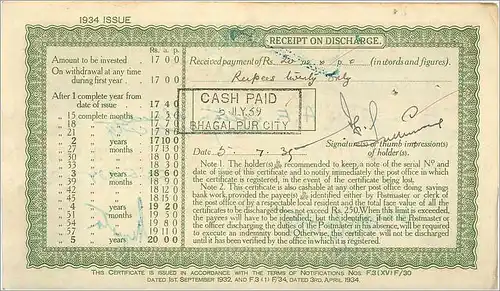 Inde India Post Office Cash Certificate