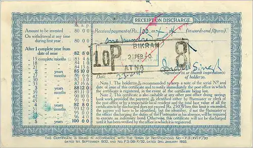 Inde India Post Office Cash Certificate