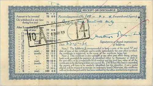 Inde India Post Office Cash Certificate