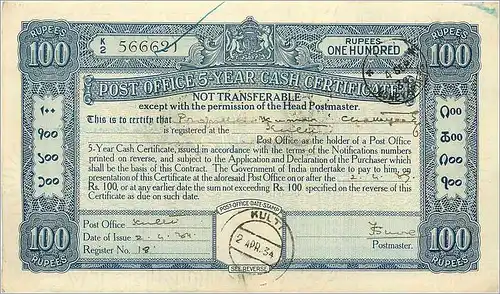 Inde India Post Office Cash Certificate