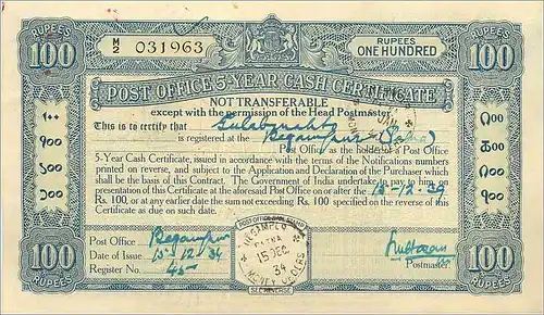 Inde India Post Office Cash Certificate