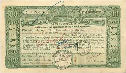 Inde India Post Office Cash Certificate