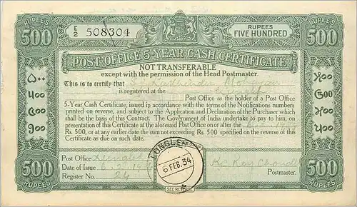 Inde India Post Office Cash Certificate