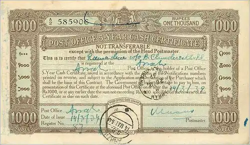 Inde India Post Office Cash Certificate