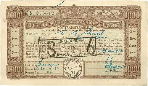 Inde India Post Office Cash Certificate