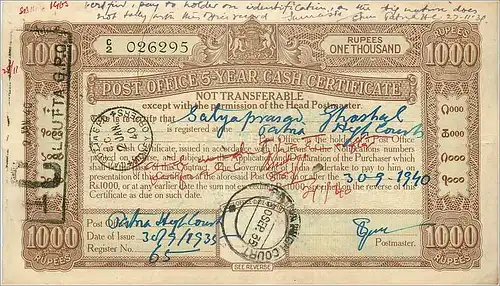 Inde India Post Office Cash Certificate