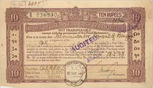 Inde India Post Office Cash Certificate