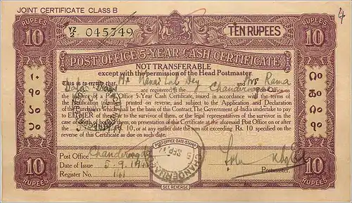 Inde India Post Office Cash Certificate